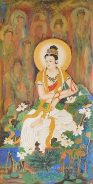  Dorado Lienzo - Budismo Bodhisattva Kwan Yin pintado a mano de loto dorado